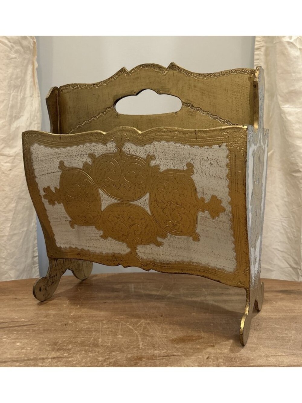 Vintage Italian Florentine Ivory Gold Gilt Magazine Rack Holder MCM Italy